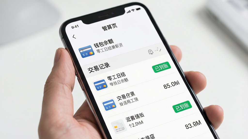 零工日结兼职薪资结算页面,手机屏幕显示钱包余额与交易记录列表,记录中包含“已到账”绿色标签,背景为白色,风格清新浅色,细节有银行卡图标与数字排版,画质高清,画面无杂乱元素。