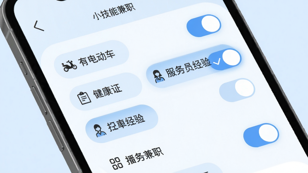 零工日结兼职个人技能标签设置界面,手机屏幕展示多个可选标签如“有电动车”“健康证”“服务员经验”,部分标签已被勾选高亮,背景为淡蓝色,风格柔和圆角,细节有图标与开关按钮,画质清晰,画面干净。