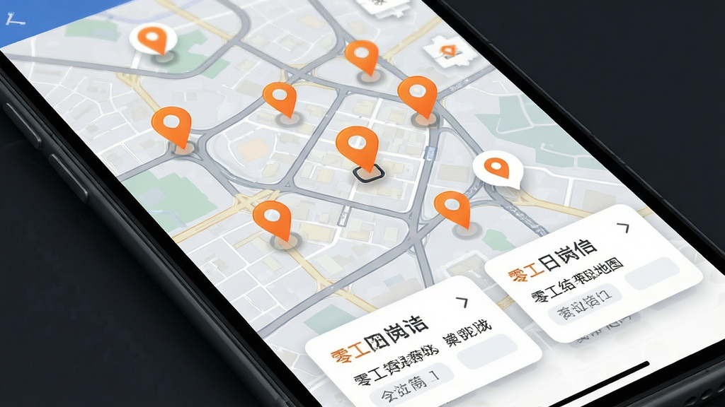 零工日结兼职地图找活界面,手机屏幕显示城市地图,地图上分布着多个橙色定位图标,底部弹出岗位简卡,背景为浅灰色地图底图,风格现代科技,细节有道路线条与图标阴影,画质高清,画面干净。