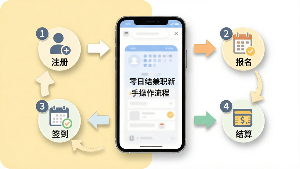 零工日结兼职新手操作流程图,画面以手机屏幕为中心,周围环绕箭头与图标,分别指向“注册”“报名”“签到”“结算”四个步骤,背景为淡黄色与白色组合,风格清新扁平,细节有数字序号与阴影,画质高清,画面干净无多余元素。
