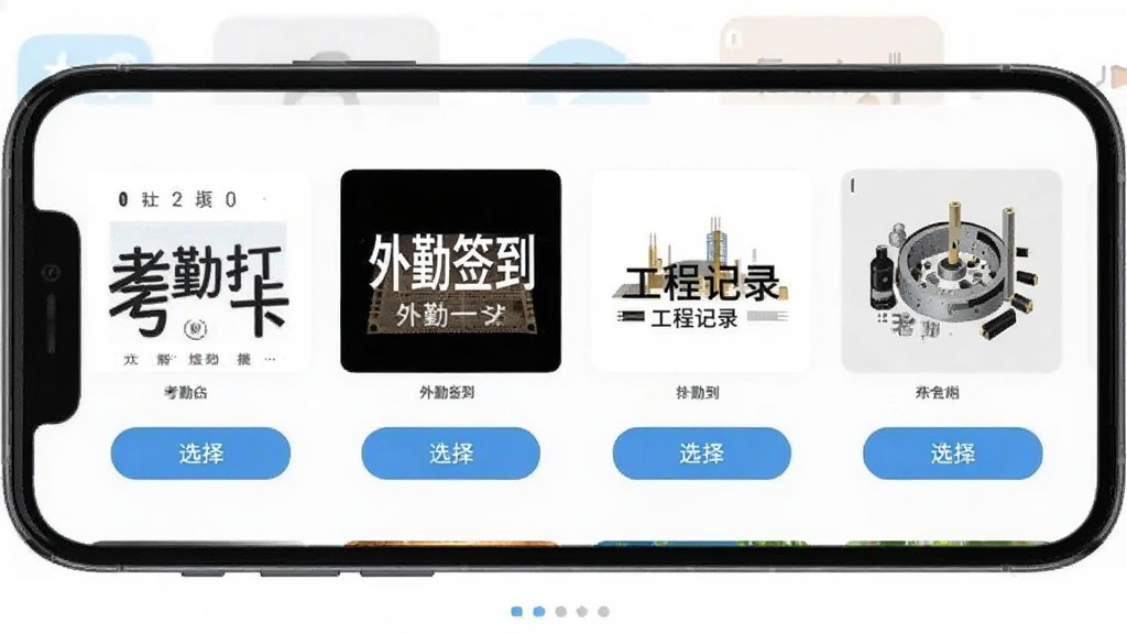 修改打卡水印相机软件的水印模板选择界面,画面展示手机屏幕上一排排水印模板缩略图,包括考勤打卡、外勤签到、工程记录等样式,风格为应用商店截图,细节包括模板预览图和选择按钮,画质清晰干净无多余元素