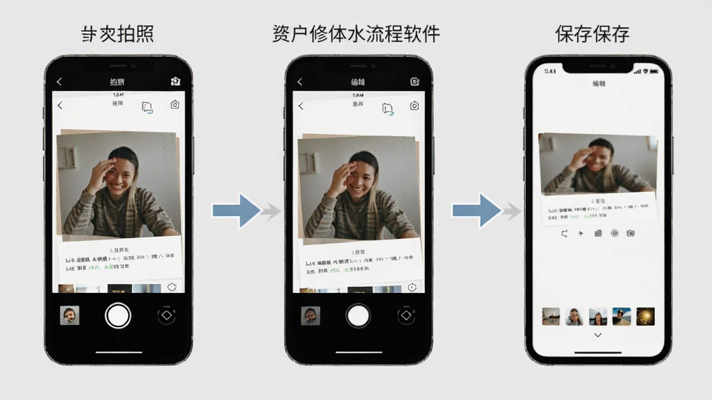 修改打卡水印相机软件的整体操作流程图,画面以手机屏幕形式展示从拍照到编辑再到保存的完整步骤,每个步骤用箭头连接,风格为信息图表式产品说明,细节包括界面截图和步骤标注,画质清晰干净无多余元素