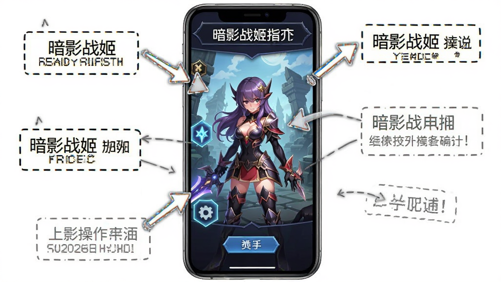 暗影战姬新手操作界面指引,主体为手机屏幕显示游戏主界面并标注各个功能按钮,布局为竖屏手机展示,排版为教程标注风格,风格为简洁明了的UI指示图,细节包括箭头指向、文字说明框和游戏界面元素,画质高清,画面干净,无多余元素