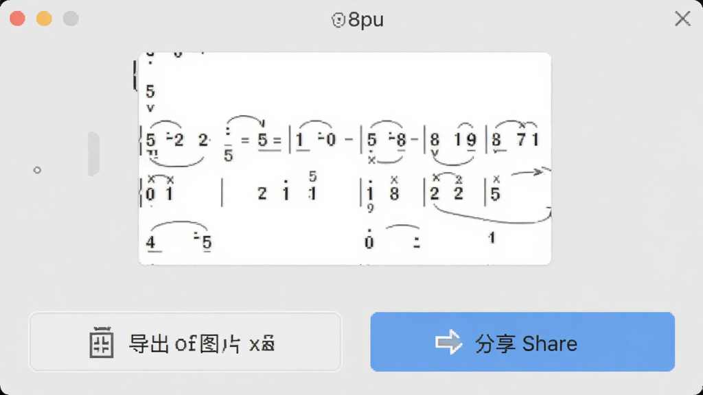8pu软件导出界面,屏幕上显示简谱预览缩略图,下方有导出为图片和分享按钮,背景为浅灰色,风格简洁,细节包括缩略图与按钮图标,画质清晰,干净,无多余元素
