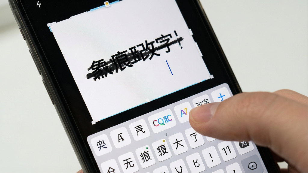 一张手机界面展示p图修图无痕改字软件的改字功能,画面中一只手正在屏幕上输入文字,背景是已经消除原文字的图片,工具栏显示字体、颜色、大小选项,风格为真实手机操作截图,细节包含文字光标和输入法弹出状态,画质高清,画面干净,无多余元素