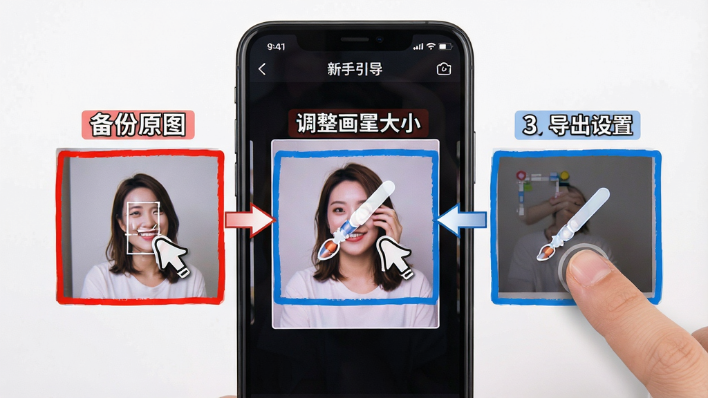 一张手机屏幕展示p图修图无痕改字软件的新手引导界面,画面中标注了备份原图、调整画笔大小、导出设置三个关键步骤,用红色和蓝色高亮框突出,风格为教程图解风格,细节包含手指点击和箭头指示,画质高清,画面干净,无多余元素