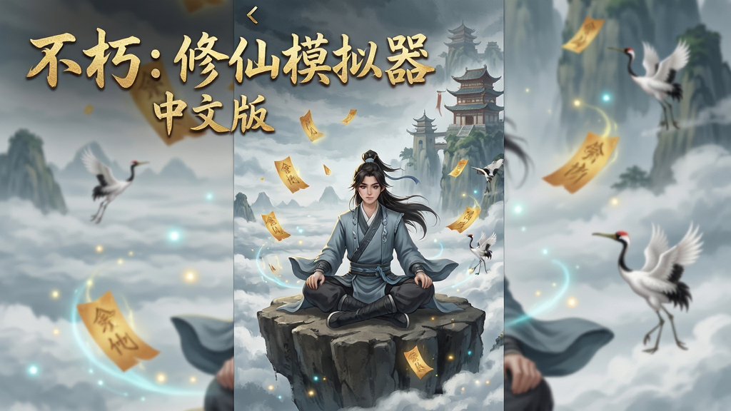 一幅竖版手机游戏界面概念图,画面中央是一位身穿青灰色道袍的年轻修士盘坐在悬崖巨石之上,背后是层叠的云海与若隐若现的仙山楼阁,画面左上角用金色毛笔字体书写“不朽:修仙模拟器 中文版”,主体布局为上方标题下方人物,整体排版居中对称,风格为中国风水墨玄幻,细节包含飘落的灵符、环绕的灵气光点与远处的仙鹤,画质清晰干净,无多余元素