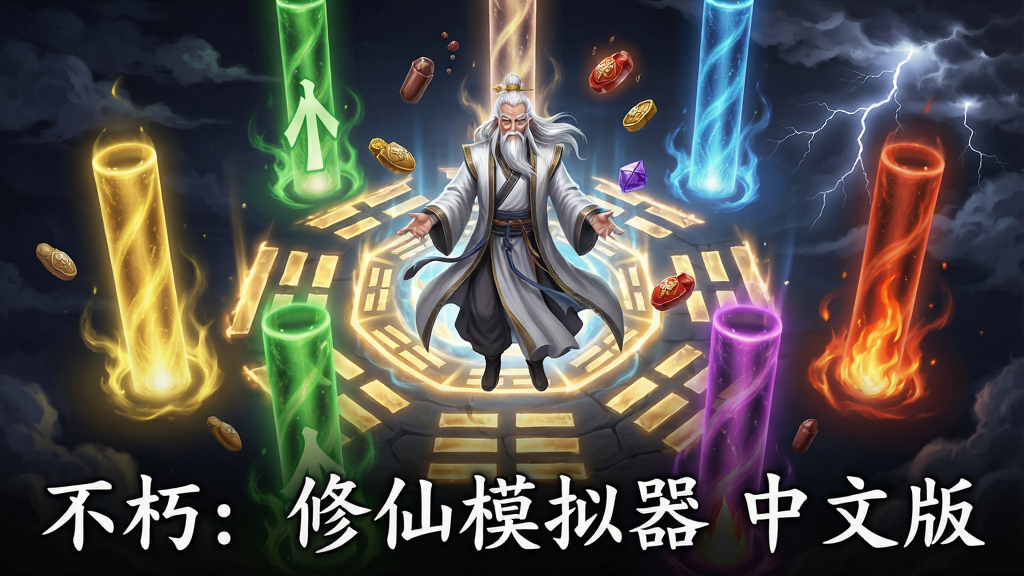 一张修仙题材的AI生图,画面主体为一位白发老者悬浮在八卦阵中央,四周环绕金木水火土五种颜色的灵气光柱,画面下方用白色楷体字标注“不朽:修仙模拟器 中文版”字样,布局为人物居中、光柱环绕、文字居下,风格为东方玄幻数字插画,细节包含阵纹发光、丹药悬浮、雷云聚集,画质高清干净,无多余元素