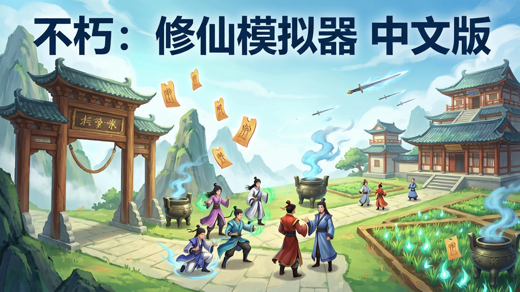 一幅横版修仙宗门场景图,画面左侧是山门牌坊,右侧是层层叠叠的殿宇与灵田,画面中央有数名身穿不同颜色道袍的弟子正在修炼或交谈,画面顶部用深蓝色字体写出“不朽:修仙模拟器 中文版”,布局为左中右三段式,风格为清新国风游戏原画,细节包含漂浮的传音符、丹炉冒出的青烟、远处飞过的剑光,画质明亮干净,无多余元素