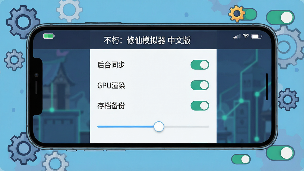 一张展示手机游戏设置界面的AI生图,画面主体是一部横放的智能手机,屏幕上显示“不朽:修仙模拟器 中文版”的设置菜单,菜单项包括“后台同步”“GPU渲染”“存档备份”等文字,布局为手机居中、周围环绕齿轮与开关图标,风格为扁平化科技插画,细节包含电量图标、信号图标、设置滑块,画质清晰干净,无多余元素