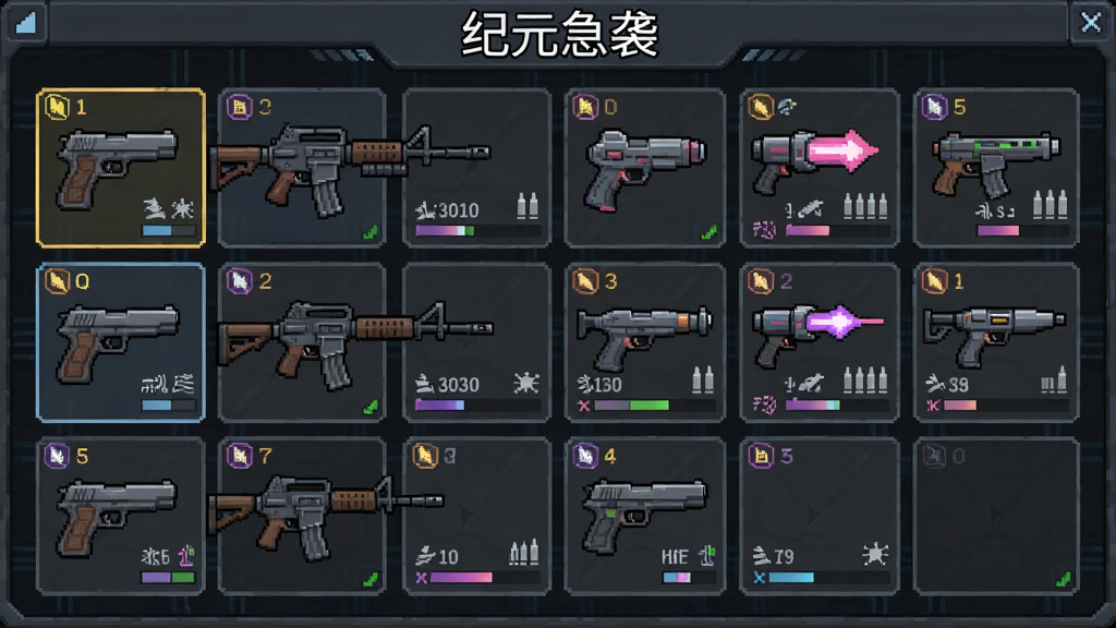 一张展示纪元急袭游戏内武器库界面的图片,画面分为网格布局,每个格子展示不同像素风格的枪械图标,包括手枪、步枪、能量炮等,背景为深灰色科技面板,界面顶部有“纪元急袭”字样,整体风格为游戏UI截图,细节包含武器稀有度边框、弹药图标、属性条,画质清晰,干净整洁