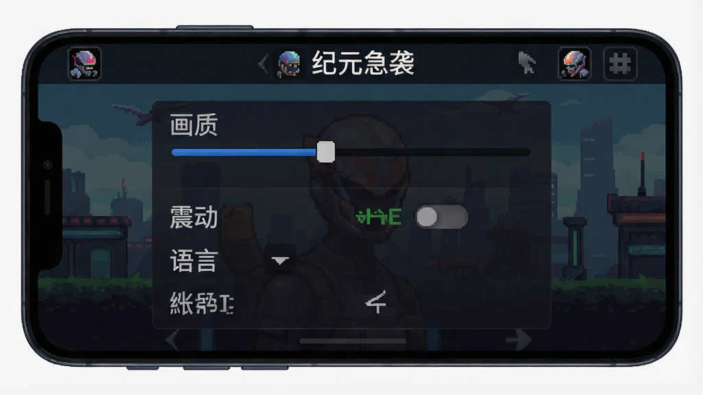 一张展示手机屏幕上纪元急袭游戏设置界面的图片,界面包含画质调节滑块、震动开关、语言选择、账号绑定等选项,背景为深色半透明面板,顶部有“纪元急袭”标题,像素风格图标,画质清晰,布局整洁