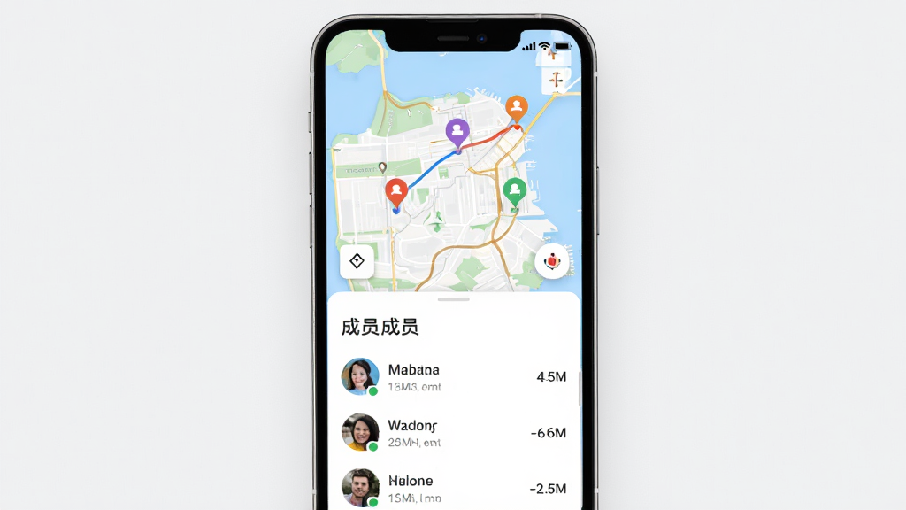 位联宝实时位置共享功能界面,画面主体为手机屏幕显示多人地图定位,布局为竖屏展示,排版上方为地图下方为成员列表,风格为现代简约,细节包含彩色头像标记、路线连线、距离数值,画质高清,干净,无多余元素