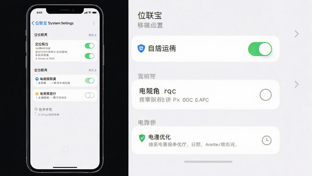 位联宝移动端设置界面,画面主体为手机屏幕显示权限设置页面,布局为竖屏列表,排版清晰,风格为系统设置界面风格,细节包含定位权限开关、后台运行选项、电池优化提示,画质高清,干净,无多余元素