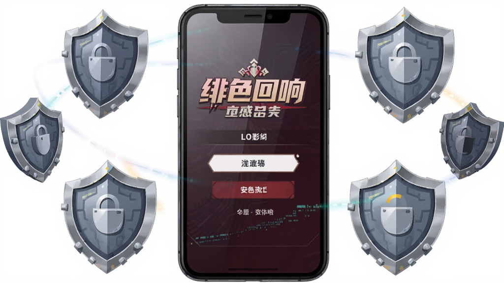 画面主体为一部智能手机,屏幕上显示着绯色回响的游戏登录界面,屏幕周围环绕着代表安全与防护的盾牌图标。布局采用中心构图,手机位于正中。排版上界面文字清晰可见。风格为科技感扁平插画风格,细节上强调手机屏幕的光泽与盾牌图标的金属质感。画质干净,无多余元素。