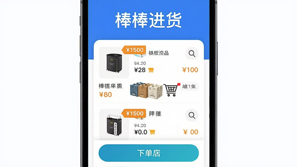 软件名称“棒棒进货”居中展示,主体为一部智能手机屏幕中呈现商品列表与购物车界面,布局采用纵向排版上方放软件名称下方放手机界面,风格为简洁扁平化科技风,细节包含商品缩略图、价格标签、下单按钮等元素,画质清晰干净无多余元素