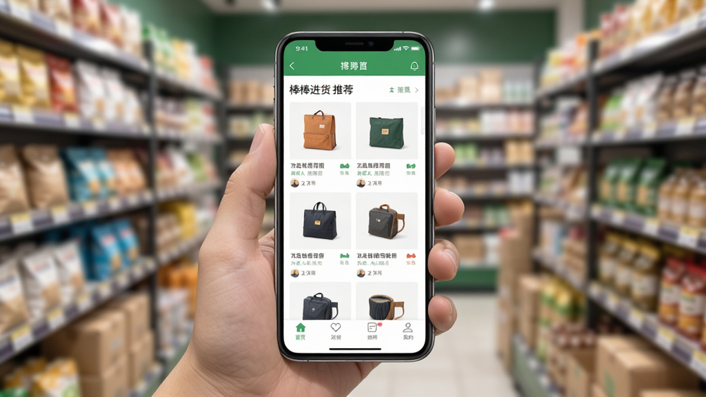 “棒棒进货”移动端使用场景图,主体为一只手拿着手机展示应用首页,布局为手机居中背景为模糊的店铺货架,风格为生活化真实场景风,细节包含手机屏幕上的商品推荐区域与底部导航栏,画质清晰干净无多余元素