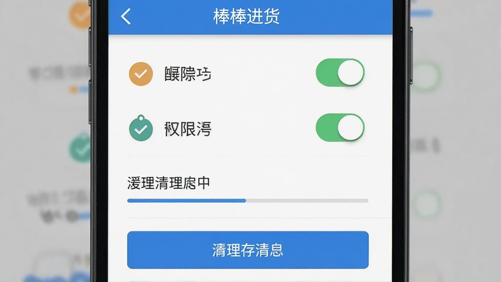 “棒棒进货”应用设置与权限管理界面,主体为手机屏幕展示权限开关与缓存清理按钮,布局为纵向列表排列,风格为简洁工具类界面风,细节包含权限图标、开关控件、清理进度条等元素,画质清晰干净无多余元素