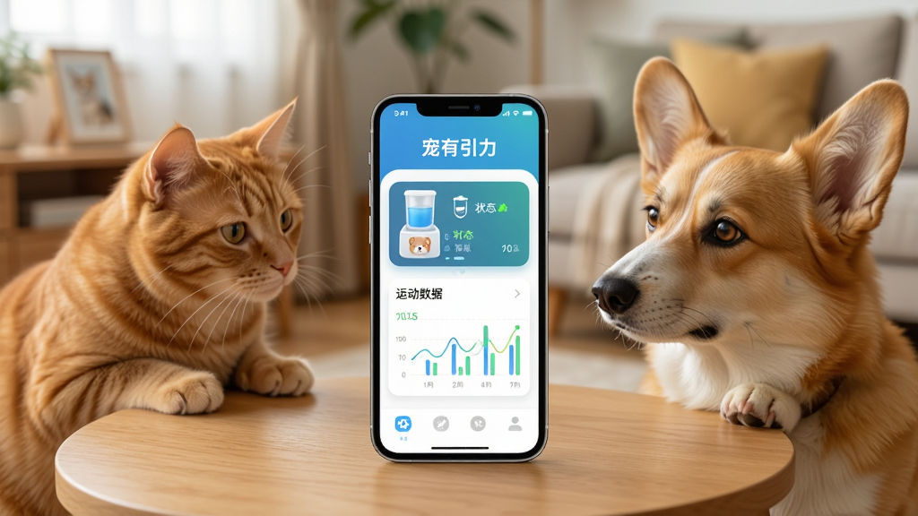 一张展示智能手机屏幕的图片,手机屏幕中显示“宠有引力”App的首页界面,界面中有宠物头像、饮水机状态卡片和运动数据图表,手机放置在一张浅色木桌上,旁边有一只橘猫和一只柯基犬好奇地看着屏幕,背景是温馨的居家客厅环境,光线柔和自然,风格为写实摄影,细节丰富,画质清晰,画面干净无多余元素