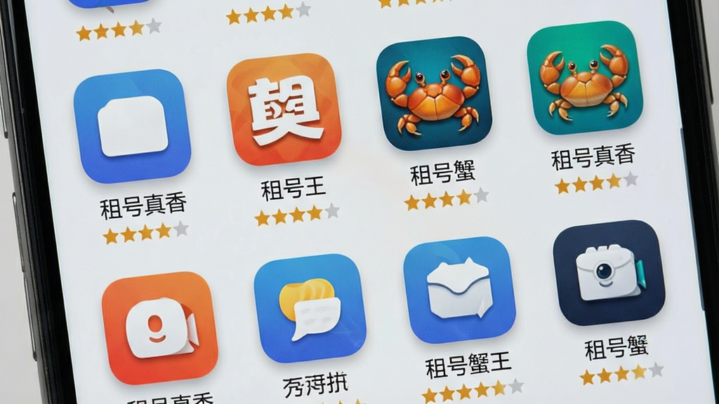 一张展示多款租号类软件对比的手机界面截图,画面中央是手机屏幕,屏幕上排列着