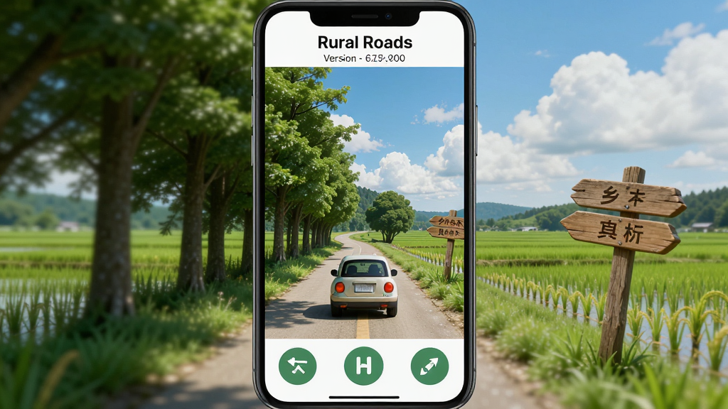 乡村道路探索应用 Rural Roads 整体界面展示,主体是一辆小车行驶在绿树成荫的乡间小路上,布局为顶部显示应用名称和版本信息,中间是道路场景,底部有操控按钮,排版简洁清晰,风格写实治愈,细节包括蓝天白云、稻田、木质路牌,画质高清,干净,无多余元素