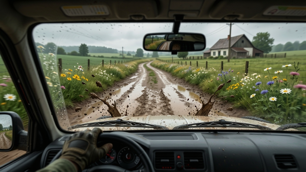 乡村道路探索应用 Rural Roads 沉浸式场景,主体是一辆越野车行驶在雨后泥泞的乡间土路上,布局为第一人称驾驶视角,排版突出道路延伸感,风格写实,细节包括泥点溅起、路边野花、远处农舍,画质高清,干净,无多余元素