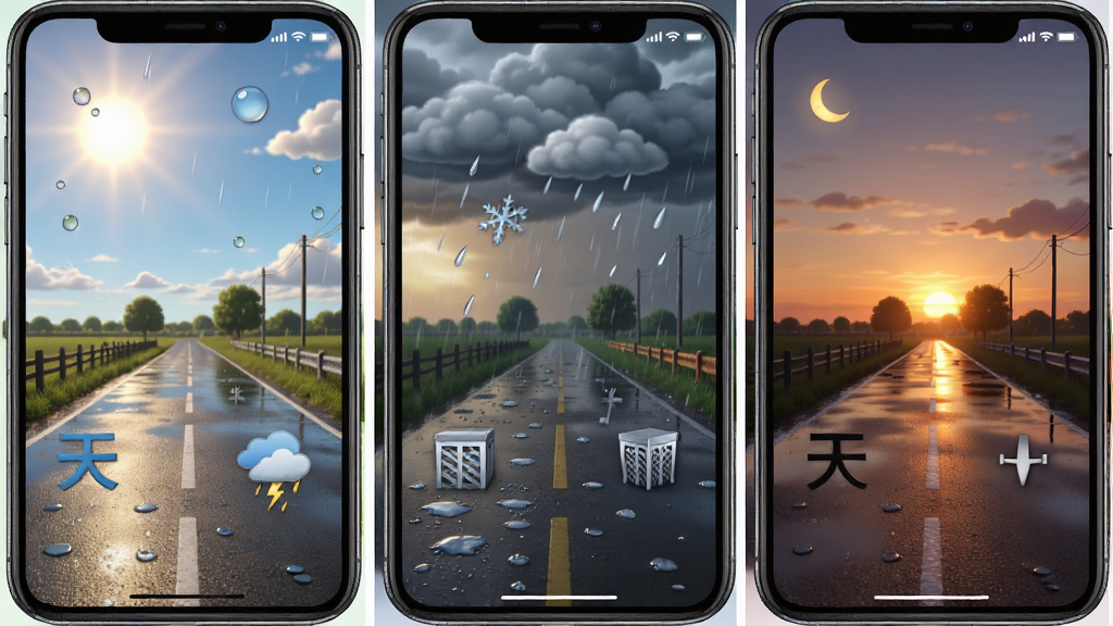 乡村道路探索应用 Rural Roads 天气系统展示,主体是同一段乡村道路在晴天、雨天、黄昏三种不同天气下的对比画面,布局为三格并排,排版整齐,风格写实,细节包括雨滴、夕阳余晖、路面反光,画质高清,干净,无多余元素