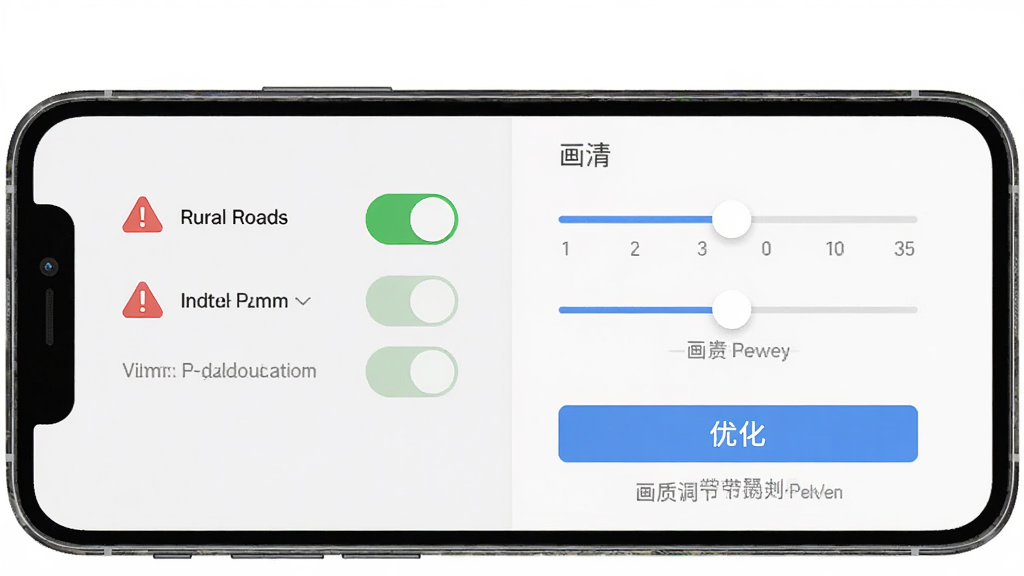 乡村道路探索应用 Rural Roads 新手教程界面,主体是手机屏幕显示安装权限设置和画质调节选项,布局为左右分栏,左侧是权限开关,右侧是画质滑块,排版清晰,风格扁平化,细节包括红色警告图标、蓝色优化按钮、灰色提示文字,画质高清,干净,无多余元素