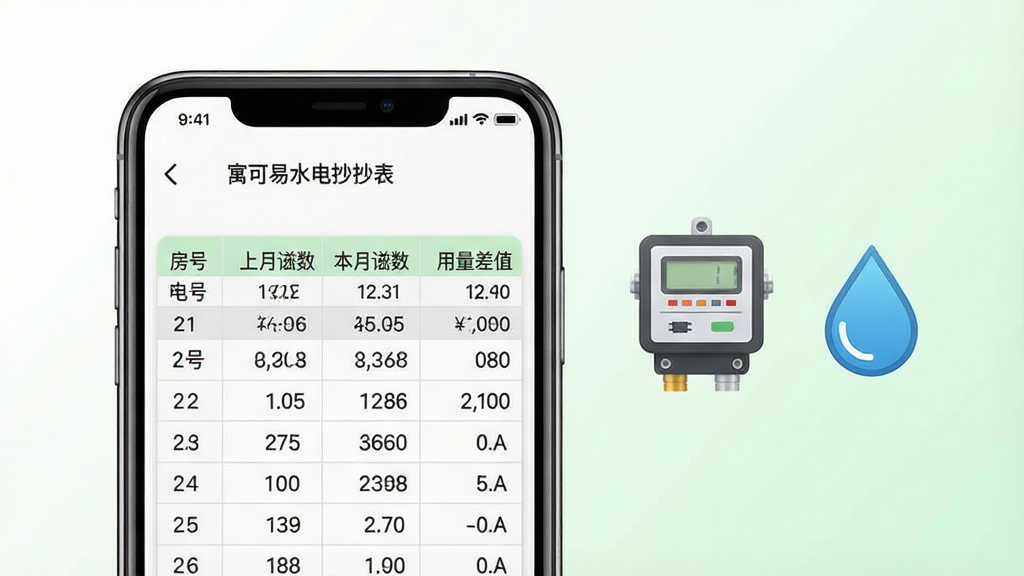 一张展示寓可易水电抄表功能的图片,画面主体是一个手机界面,界面上显示着电表读数和用水量记录表格,表格中包含房号、上月读数、本月读数和用量差值等列,手机旁边有一个电表图标和一个水滴图标,布局为手机居中偏左,图标在右侧,风格为清爽实用风,细节上数字清晰可辨,背景为白色到浅绿色的柔和渐变,画质高清,画面干净,无多余元素
