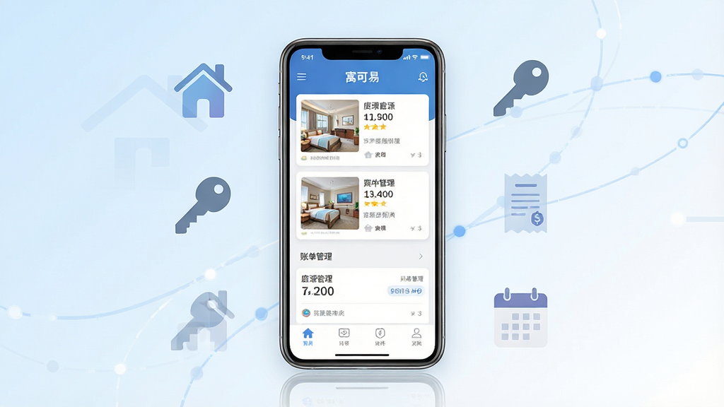 一张展示公寓租房管理场景的图片,画面中央是一部智能手机,手机屏幕上显示着寓可易应用的房源列表和账单管理界面,手机周围环绕着房屋图标、钥匙图标、账单图标和日历图标,布局为居中构图,手机作为视觉主体,图标以半透明方式分布四周,风格为现代扁平化科技风,细节上手机屏幕有清晰的卡片式布局和数字信息,背景为浅蓝到白色的柔和渐变,画质高清,画面干净,无多余元素