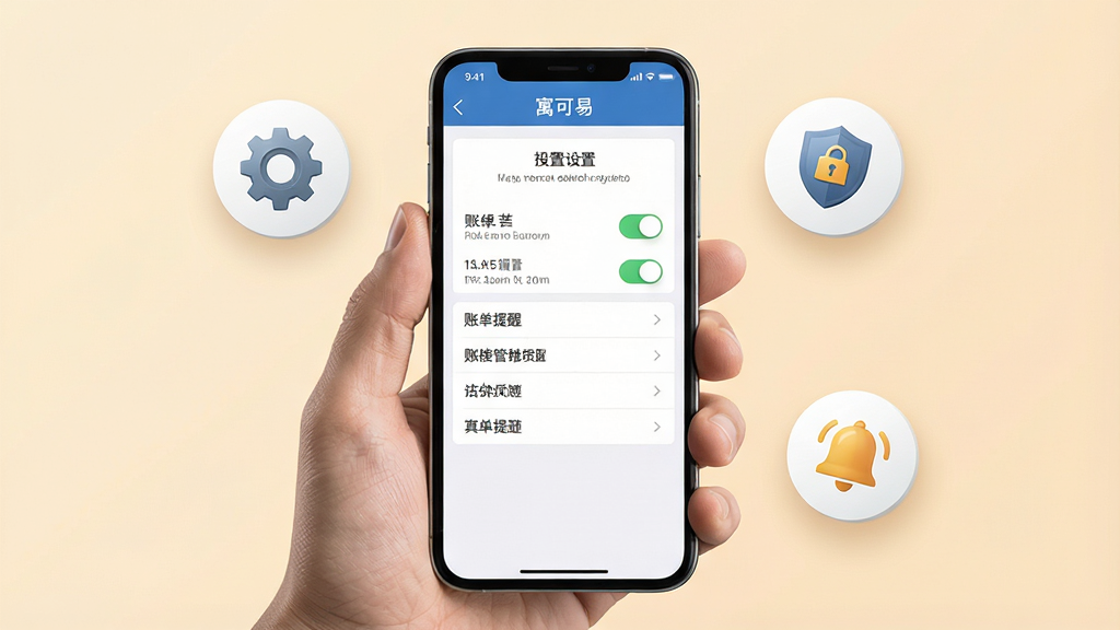 一张展示手机租房管理应用操作技巧的图片,画面主体是一只手拿着手机,手机屏幕上显示着寓可易的账单提醒设置界面,手机旁边漂浮着齿轮图标、盾牌图标和铃铛图标,布局为手持手机居中,图标环绕四周,风格为现代写实风,细节上手机界面有清晰的开关按钮和设置选项,背景为浅暖色,画质高清,画面干净,无多余元素