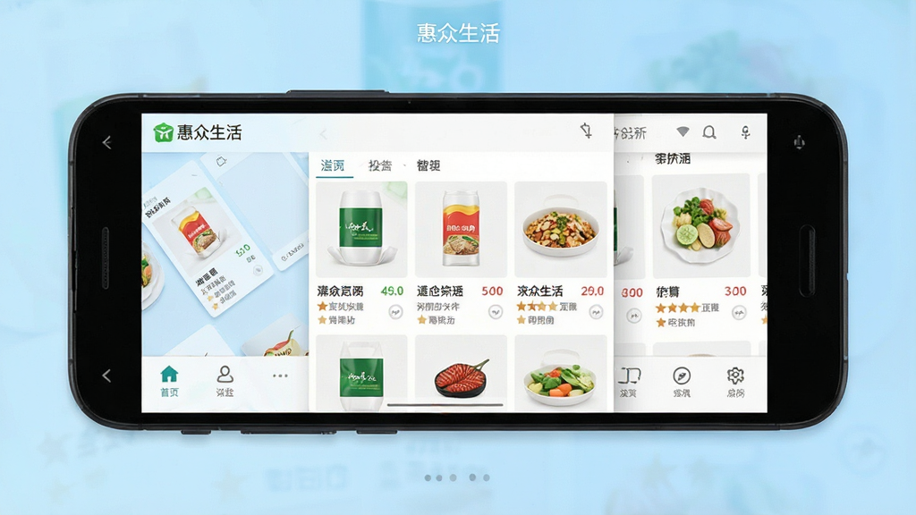 一张手机应用界面展示图,画面中央是一部安卓手机,手机屏幕上显示“惠众生活”APP首页界面,包含商品列表和底部导航栏,背景为浅蓝色渐变,整体风格简洁明快,布局居中对称,细节清晰,画质干净,无多余元素