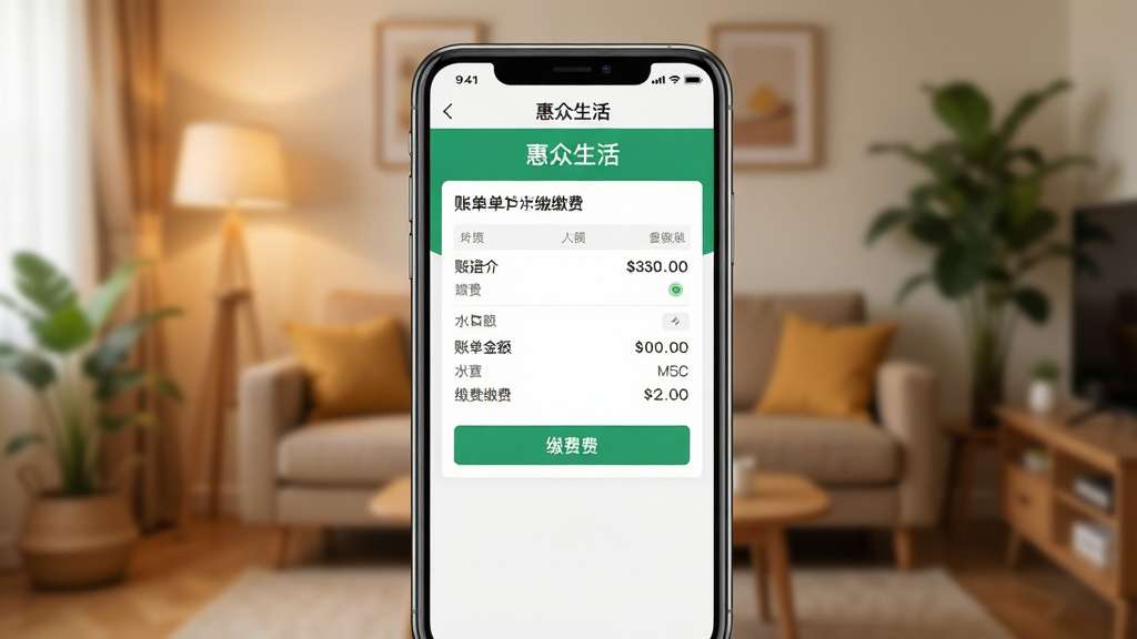 一张生活缴费功能界面截图风格图,画面中一部手机显示“惠众生活”APP的水电缴费页面,页面内有账单金额和缴费按钮,背景为温馨的家居环境虚化处理,布局手机居中,风格写实UI展示,细节清晰,画质干净,无多余元素