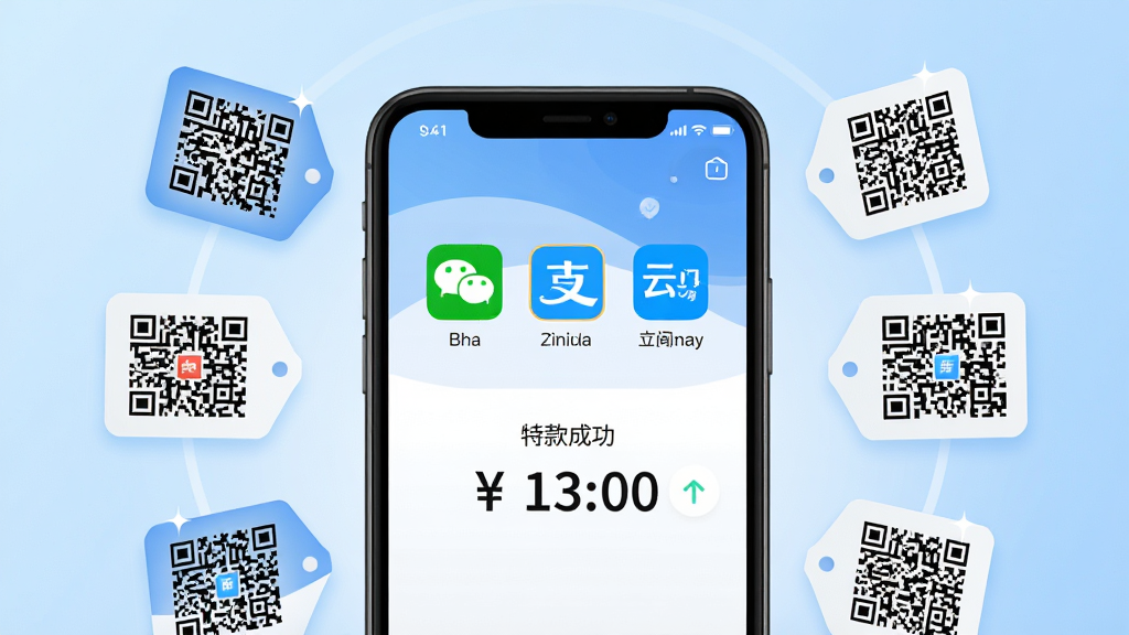 行知收银聚合收款功能展示,画面中央为手机屏幕特写,屏幕显示收款成功界面,包含微信、支付宝、云闪付图标与金额数字。手机周围环绕多个支付二维码标签,背景为浅蓝色渐变。主体为手机与支付图标,布局居中对称,风格为扁平化科技插画,细节包括图标光泽、数字清晰、界面整洁,画质高清,画面干净,无多余元素。