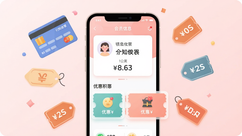 行知收银会员管理功能展示,画面中央为手机屏幕,显示会员信息卡片、积分数字与优惠券图标。手机周围漂浮会员卡、折扣标签等元素。背景为浅粉色渐变。主体为手机与会员界面,布局居中,风格为柔和扁平插画,细节包括卡片圆角、图标色彩、数字清晰,画质高清,画面干净,无多余元素。
