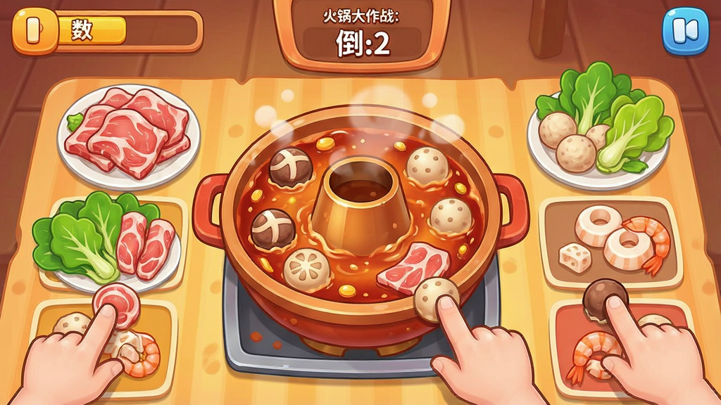 一幅色彩鲜艳的手机游戏场景截图,画面中央是一口沸腾的火锅,周围散落着各种食材如肉片、蔬菜、丸子、虾滑等,玩家手指正在将食材拖拽到正确的分类框中,界面顶部显示分数和倒计时,整体风格卡通可爱,暖色调为主,画质清晰,干净整洁,无多余元素,画面中带有“火锅大作战:分类”的文字标识