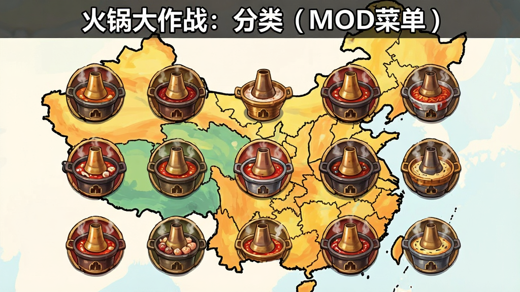 一张游戏关卡选择界面的截图,界面中排列着多个圆形关卡图标,每个图标代表不同地域的火锅主题,图标内有对应的锅具图案,背景是手绘风格的中国地图轮廓,色彩丰富,排版整齐,画质清晰,干净无多余元素,界面顶部有“火锅大作战:分类(MOD菜单)”文字
