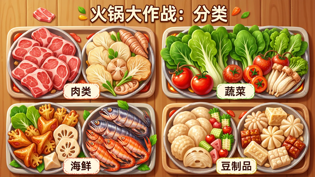 一幅俯视视角的火锅食材分类图,不同类别的食材分别堆放在四个区域,每个区域有对应的标签如“肉类”“蔬菜”“海鲜”“豆制品”,食材绘制精细,色彩饱和度高,背景为木质桌面,整体风格清新明快,画质细腻,无多余装饰,图片上方有“火锅大作战:分类”标题