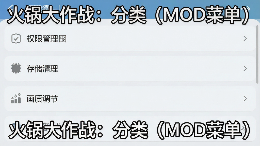 一张手机屏幕录制风格的截图,画面显示游戏设置界面,其中有权限管理、存储清理、画质调节等选项,界面设计简洁,按钮清晰,背景为浅色,画质高清,干净无多余元素,图片中有“火锅大作战:分类(MOD菜单)”文字