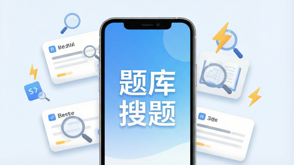 一张展示题库搜题软件主界面的手机屏幕截图风格插画,画面中央是一部竖屏智能手机,屏幕内显示“题库搜题”四个大字的启动页,背景为清爽的蓝白渐变色调,手机四周环绕着漂浮的题目卡片、放大镜图标和闪电符号,整体布局简洁聚焦,风格为现代扁平化科技风,细节上题目卡片带有轻微的阴影和圆角,画质高清,干净无多余元素