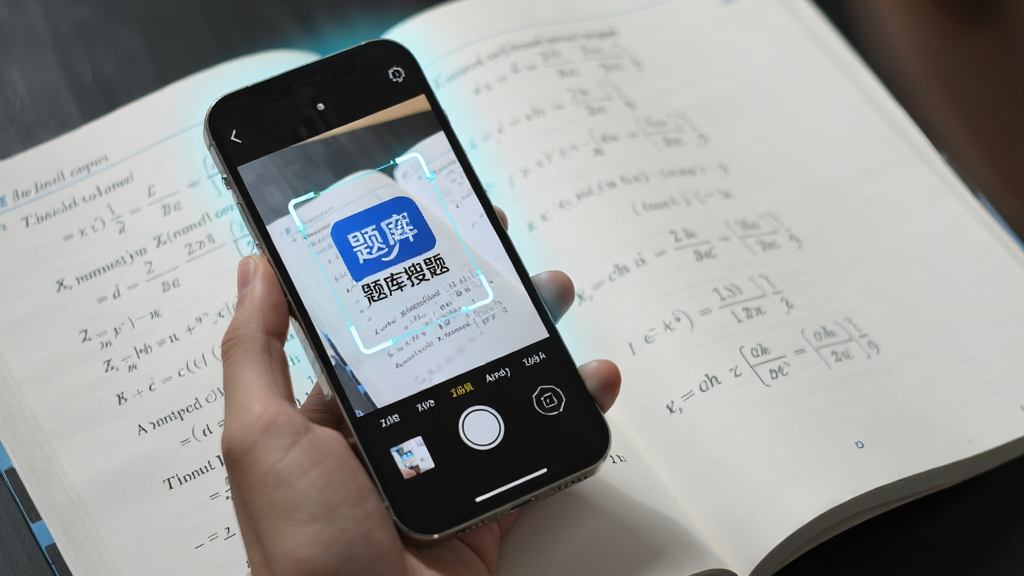 一张以“题库搜题”拍照搜题功能为主题的AI生图,画面主体是一只手拿着智能手机对准一本打开的练习册拍照,手机屏幕中显示识别框和“题库搜题”的Logo,布局采用对角线构图,风格为写实科技感,细节上练习册页面有数学公式,手机屏幕发出淡蓝色光晕,画质清晰,干净无多余元素