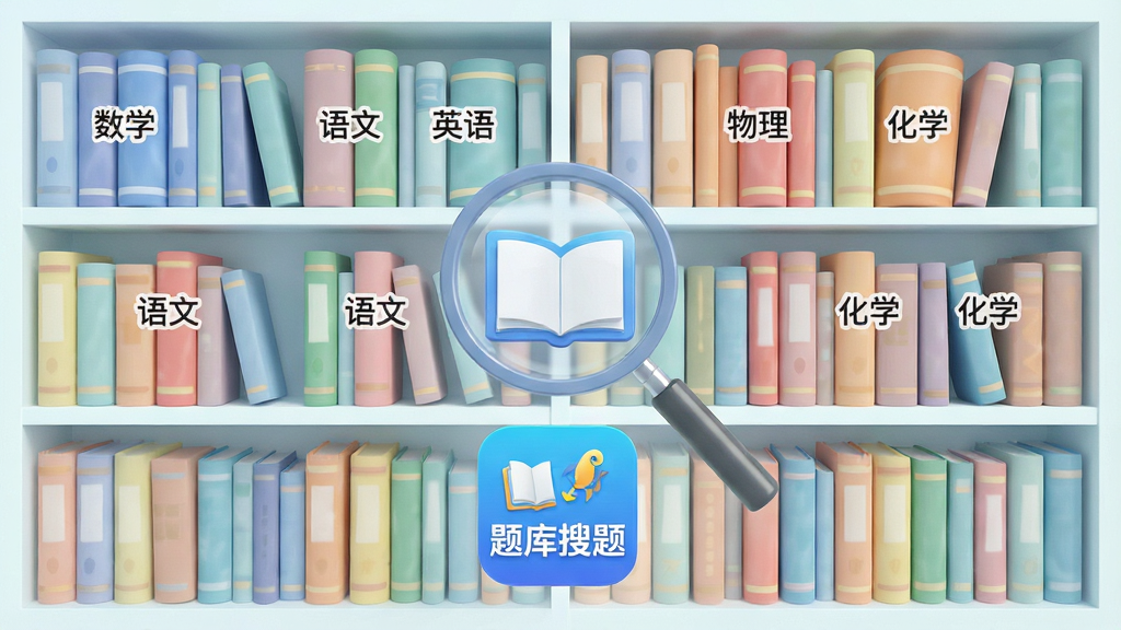 一张展示“题库搜题”海量题库功能的生图,画面主体是一个巨大的虚拟书架,书架上整齐排列着标注“数学”“语文”“英语”“物理”“化学”等学科标签的书籍,书架前方悬浮着一个放大镜和“题库搜题”的软件图标,布局采用居中对称式,风格为清新教育风,细节上书籍色彩丰富但柔和,画质高清,干净无多余元素