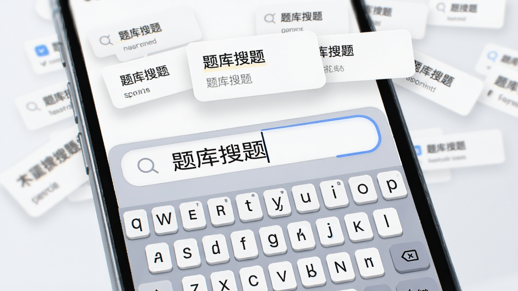 一张以“题库搜题”文字搜索功能为主题的AI生图,画面主体是一部手机屏幕特写,屏幕中显示搜索输入框和键盘,输入框内写着“题库搜题”四个字,屏幕上方漂浮着几道题目卡片,布局采用居中聚焦式,风格为简约UI风格,细节上键盘按键有轻微立体感,画质清晰,干净无多余元素
