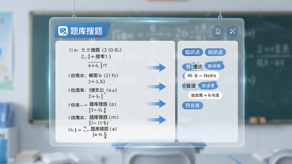 一张展示“题库搜题”详细解析功能的生图,画面主体是一块悬浮的半透明屏幕,屏幕上显示着一道数学题的详细解题步骤,步骤旁边有“题库搜题”的Logo和知识点标签,布局采用左右分栏式,风格为科技教育风,细节上步骤文字清晰可辨,有箭头引导阅读顺序,画质高清,干净无多余元素