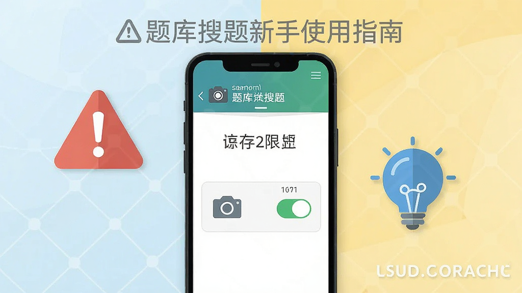 一张以“题库搜题”新手使用指南为主题的AI生图,画面主体是一部手机屏幕显示题库搜题的安装权限设置界面,界面中有相机和存储权限的开关按钮,手机旁边有一个红色的警示三角图标和一个蓝色的灯泡图标,布局采用左右对比式,风格为扁平化信息图风格,细节上图标简洁明了,画质高清,干净无多余元素