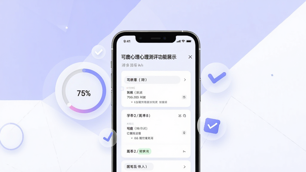 可鹿心理心理测评功能展示图,画面主体为手机屏幕显示测评问卷界面,屏幕旁边漂浮着圆形的进度条和勾选图标,背景为淡紫色和白色几何图形拼接。风格简约现代,排版清晰,细节干净,画质高清,画面中没有多余文字和装饰元素。