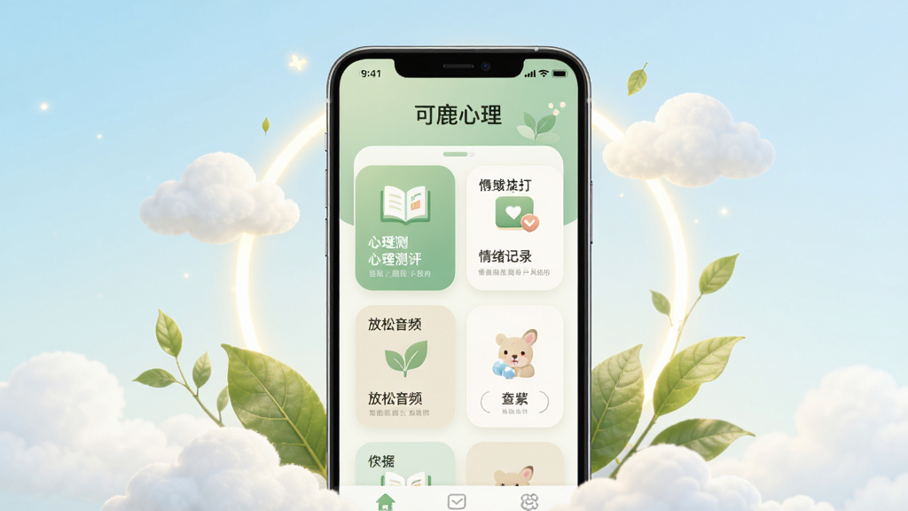 可鹿心理是一款心理健康服务应用,画面中央放置一部智能手机,手机屏幕显示可鹿心理的首页界面,界面中有柔和的绿色和米白色调,带有心理测评、情绪记录、放松音频等卡片式功能入口。手机周围环绕着轻盈的云朵、绿叶和温暖的光晕,背景为浅蓝色渐变。整体风格清新治愈,排版居中对称,细节精致,画质高清,画面干净无多余元素,适合软件下载站展示。