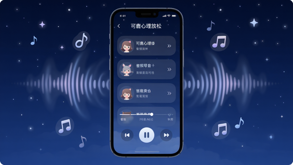 可鹿心理放松音频功能界面,手机屏幕显示音频播放列表和播放控制按钮,屏幕周围环绕着声波纹理和音符图标,背景为深蓝色夜空和星星。风格宁静舒缓,排版居中,细节柔和,画质高清,画面干净整洁。