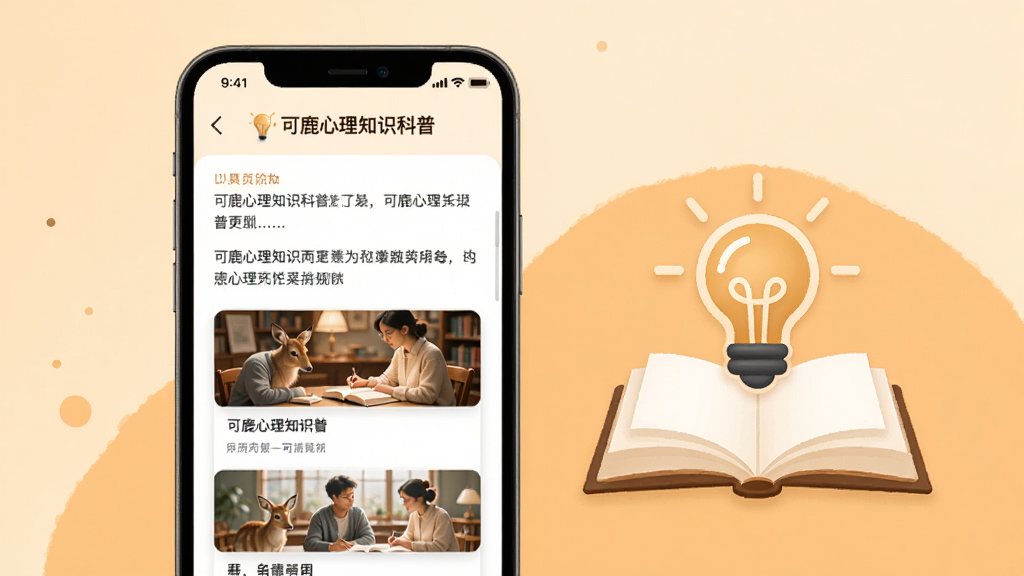 可鹿心理知识科普页面,手机屏幕显示文章列表和图文卡片,屏幕旁边有打开的书本和灯泡图标,背景为温暖的米黄色和浅橙色。风格温馨学术,排版整齐,细节清晰,画质高清,画面无杂乱元素。