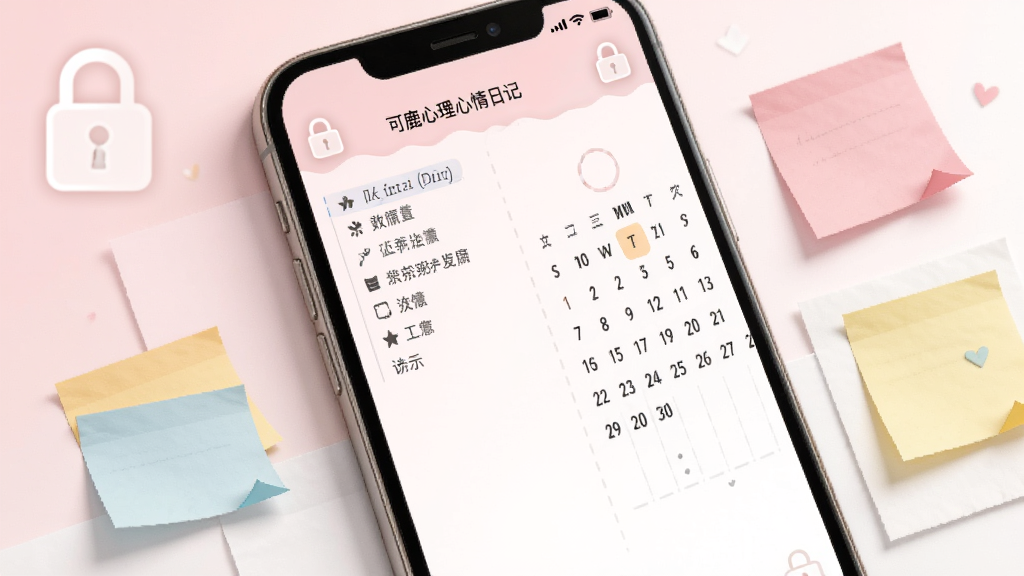 可鹿心理心情日记功能,手机屏幕显示日记编辑界面和日历视图,屏幕周围有锁形图标和彩色便签纸,背景为淡粉色和白色渐变。风格柔和私密,排版简洁,细节温馨,画质高清,画面干净无多余元素。